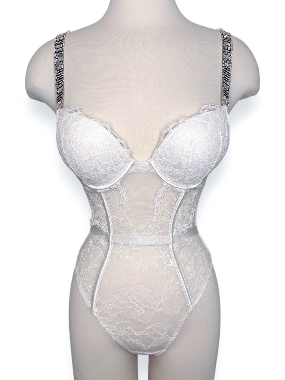 Victoria's Secret White Lace Bombshell Teddy Bodysuit Bling Straps Lingerie XS